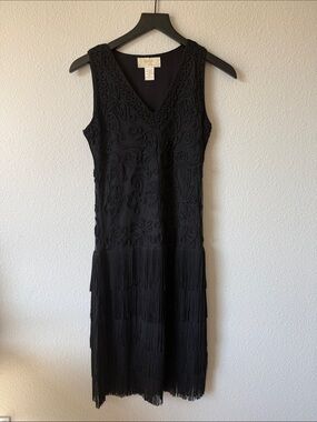 Vintage 90s Black Embroidered Fringe Sleeveless Midi Dress Size M